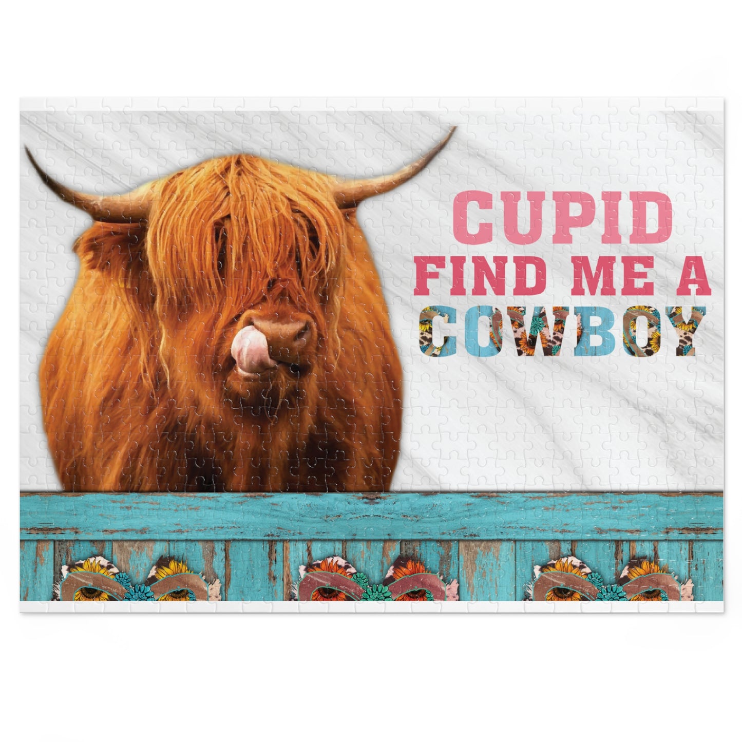 Jigsaw Puzzle, Highland Cow, Cupid find me a Cowboy, Personalised/Non-Personalised (30, 110, 252, 500,1000-Piece)