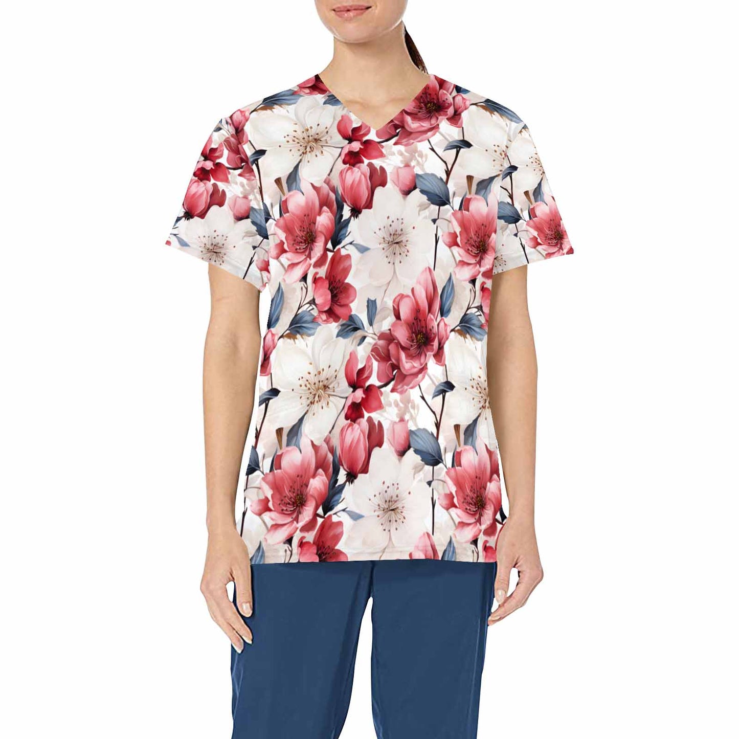 Floral Wildflowers  Women's V Neck Scrub Top Nurse Uniform with Deep Front Pockets