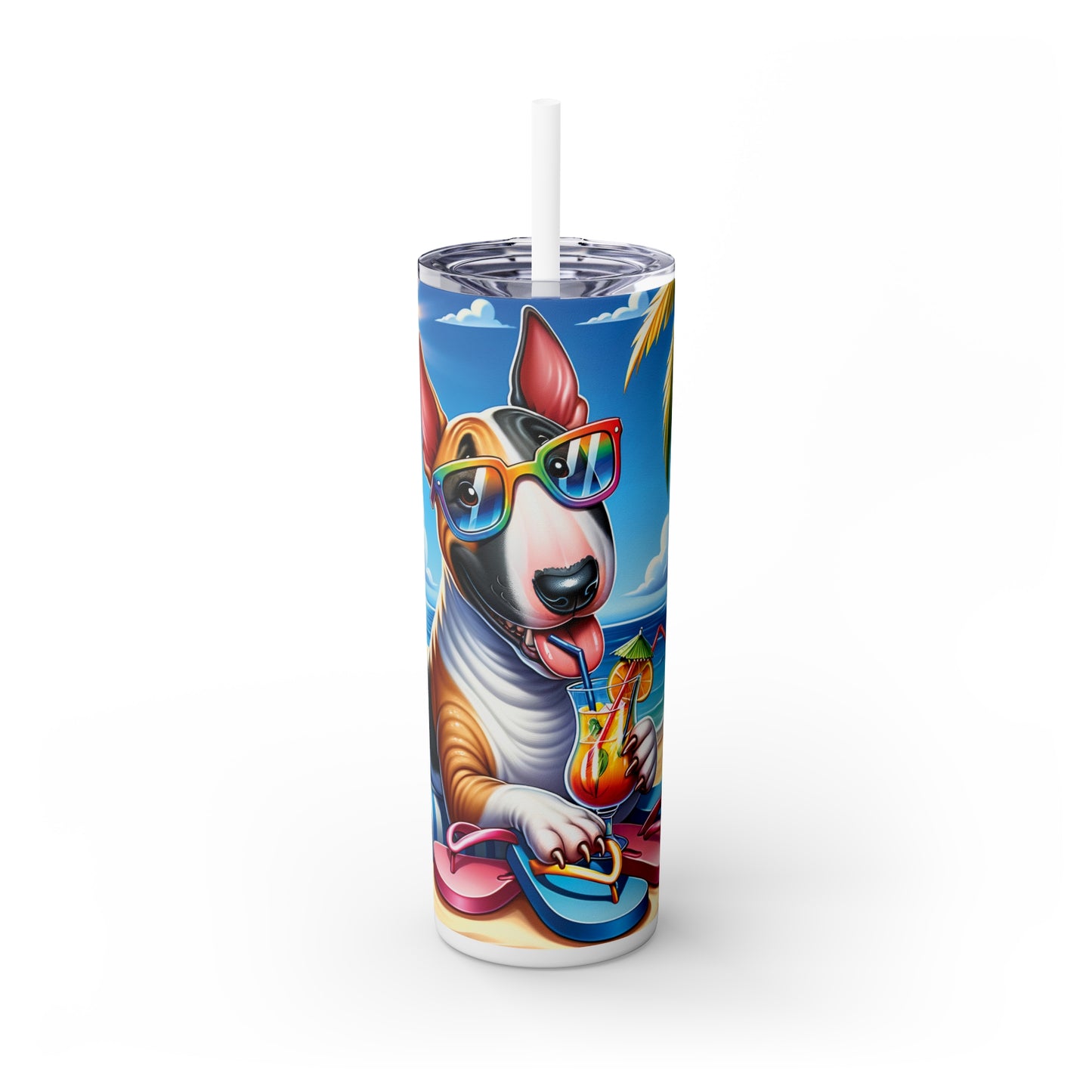 Skinny Tumbler with Straw, 20oz, Dog on Beach, Bull Terrier, awd-1201