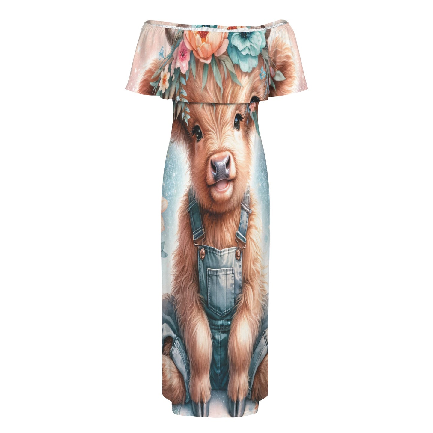 Highland cow awd1159 Women's Off Shoulder Ruffle Boat Neck Dress (Model D71)
