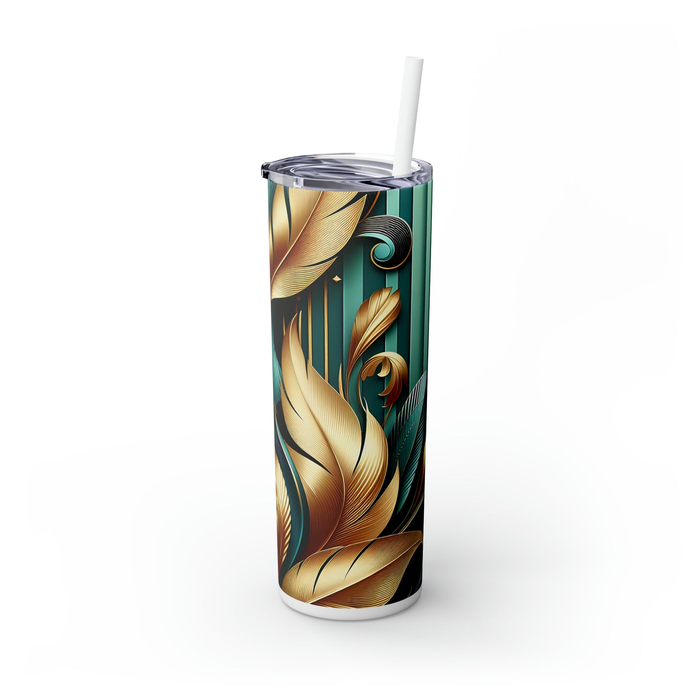 Skinny Tumbler with Straw, 20oz, Green and Gold Leaves, awd-309