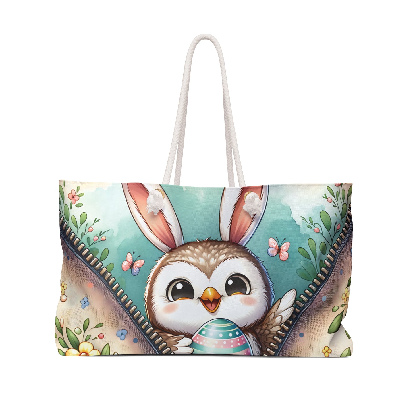 Personalised/Non-Personalised Weekender Bag, Easter, Cute Owl with Bunny Ears, Large Weekender Bag, Beach Bag, Book Bag