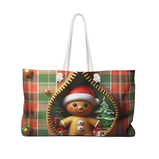 Personalised/Non-Personalised Weekender Bag, Cute Gingerbread Man, Christmas, Tartan, Large Weekender Bag, Beach Bag, Book Bag