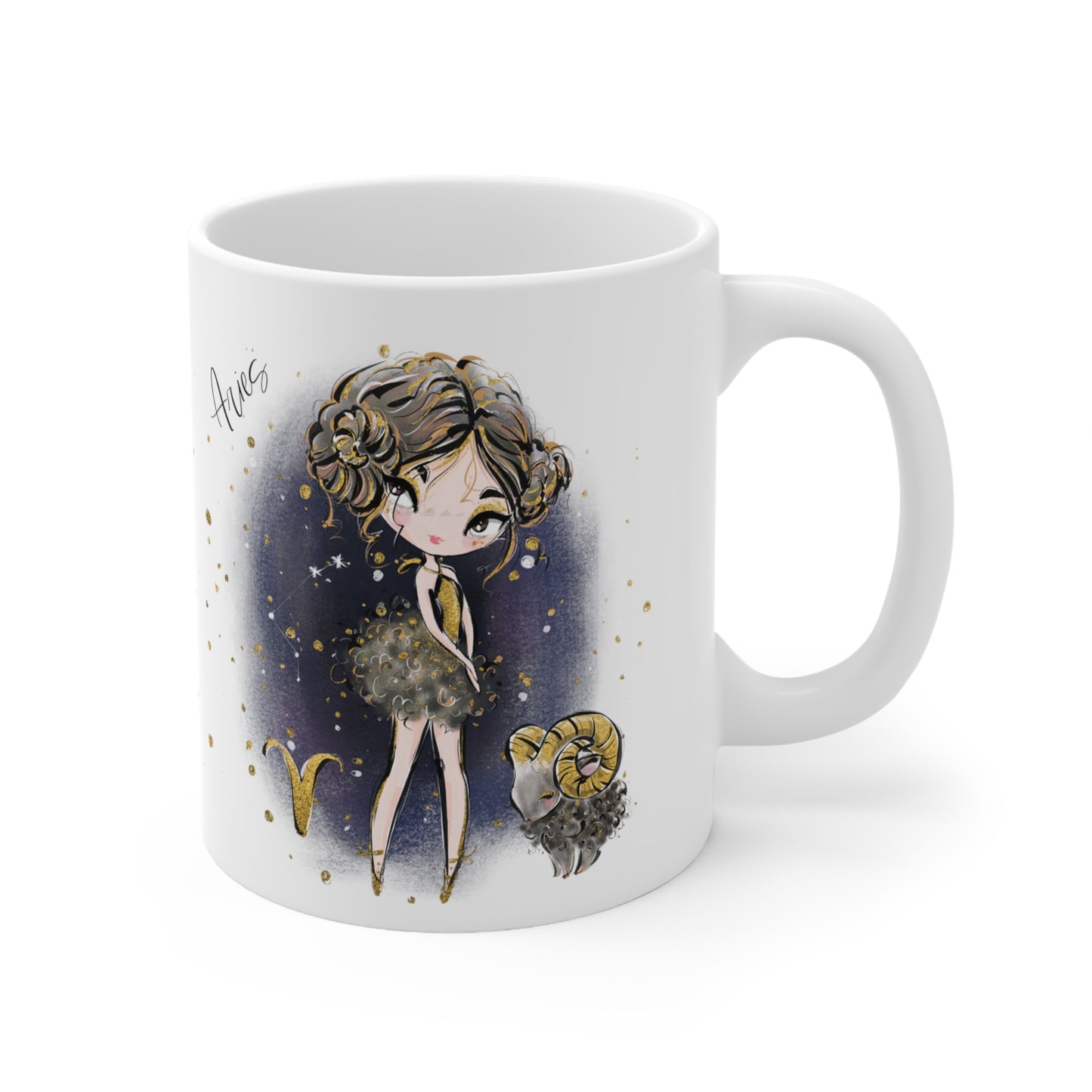 Personalised/Non Personalised Zodiac Sign, Aries, Ceramic Mug 11oz Brunette Hair - Brown Eyes - Bg