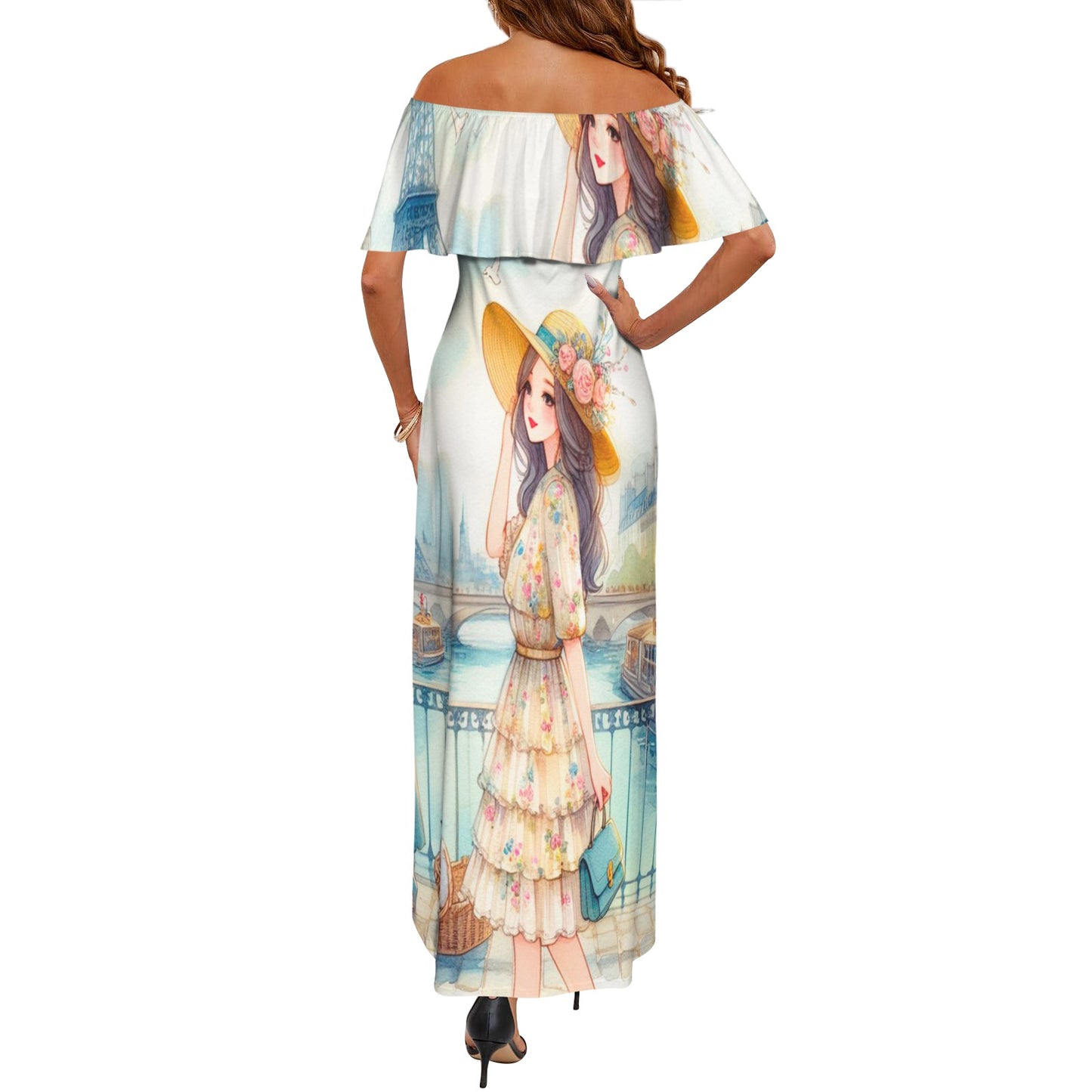 Girl 9 Women's Off Shoulder Ruffle Boat Neck Dress (Model D71)