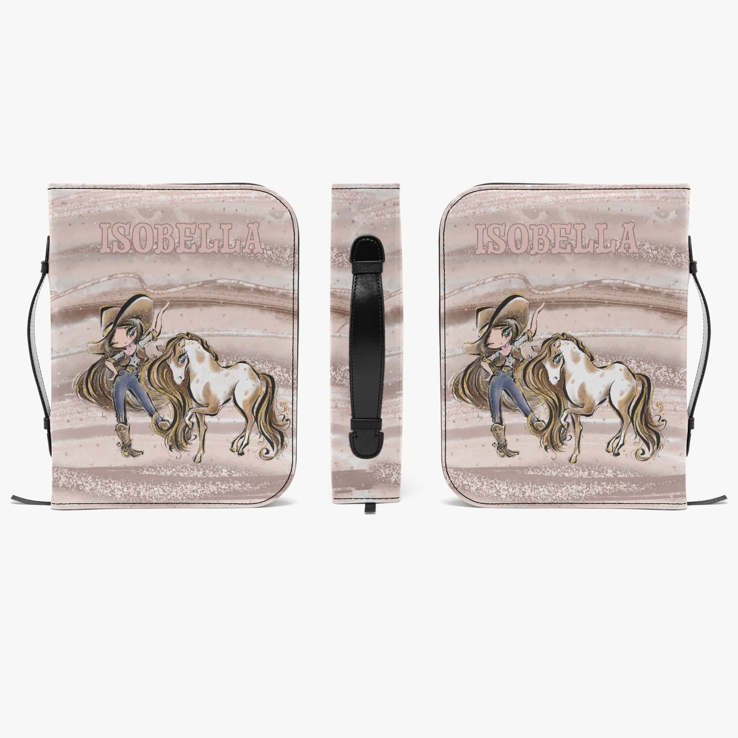 Book/Bible Cover, Howdy, Cowgirl and Horse, Brunette Hair, Blue Eyes