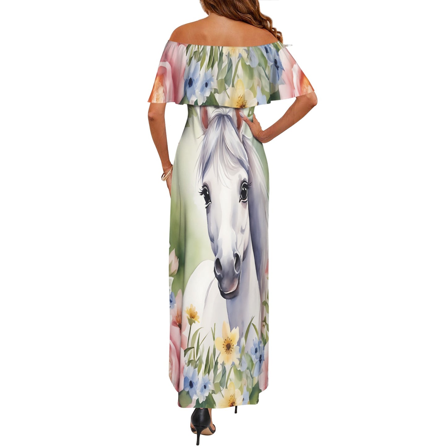 Horse awd303 Women's Off Shoulder Ruffle Boat Neck Dress (Model D71)