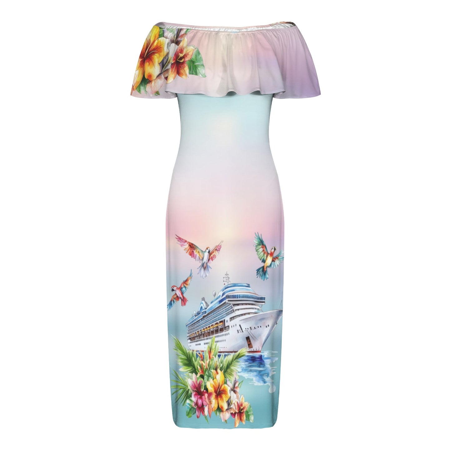 Cruisin Women's Off Shoulder Ruffle Boat Neck Dress (Model D71)