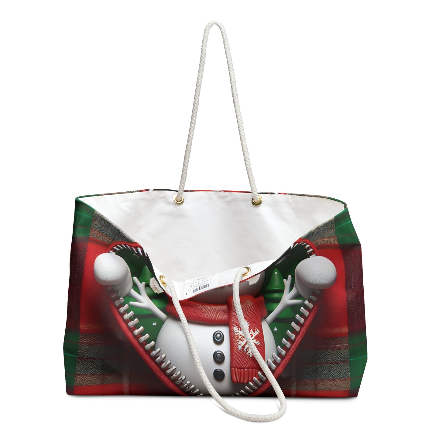 Personalised/Non-Personalised Weekender Bag, Cute Snowman, Christmas, Tartan, Large Weekender Bag, Beach Bag, Book Bag