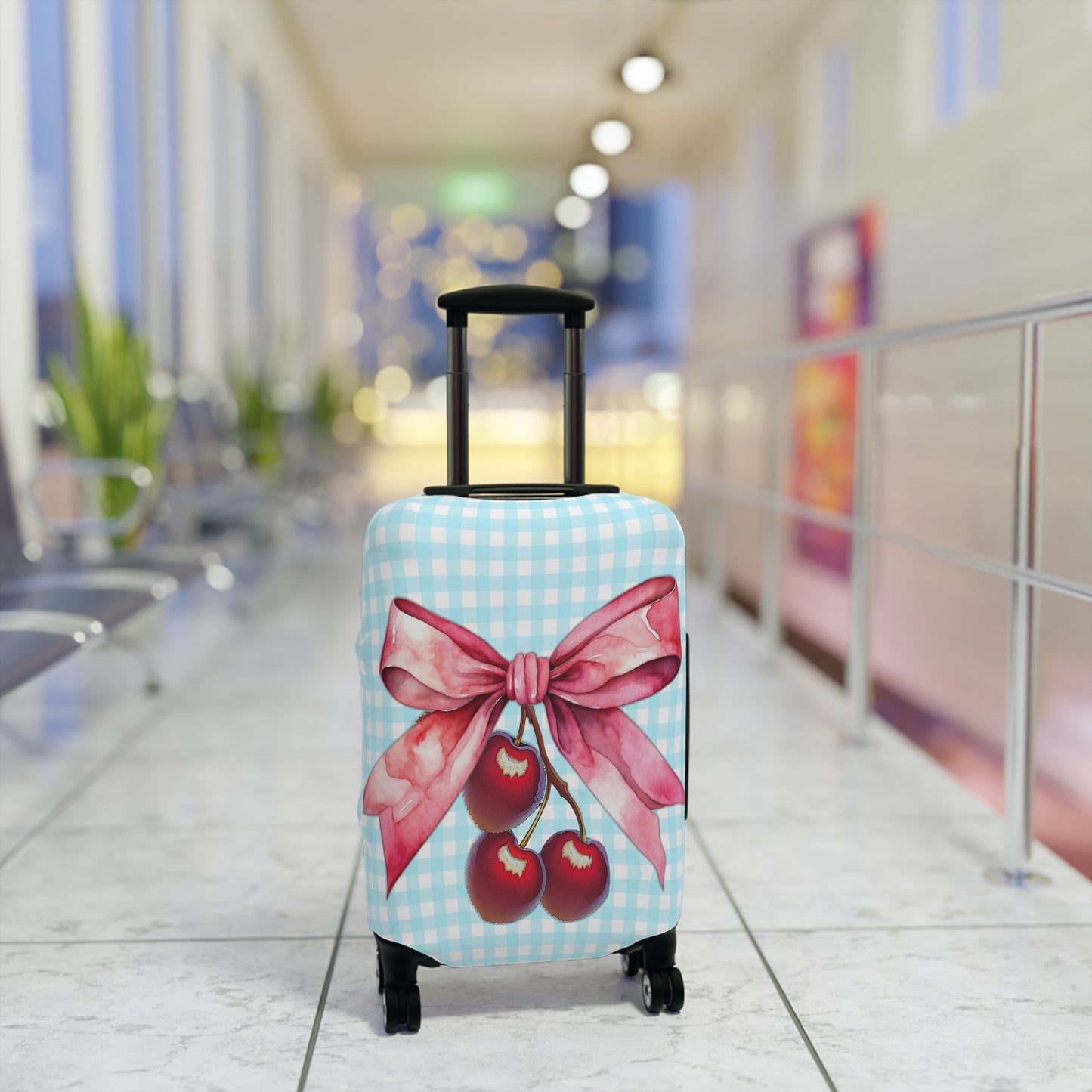 Luggage Cover, Rockabilly, Coquette, Pastel Blue Gingham, Cherries and Ribbon, awd-2513