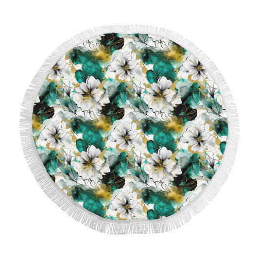 Green and White Ink Floral  Circular Beach Shawl 59"