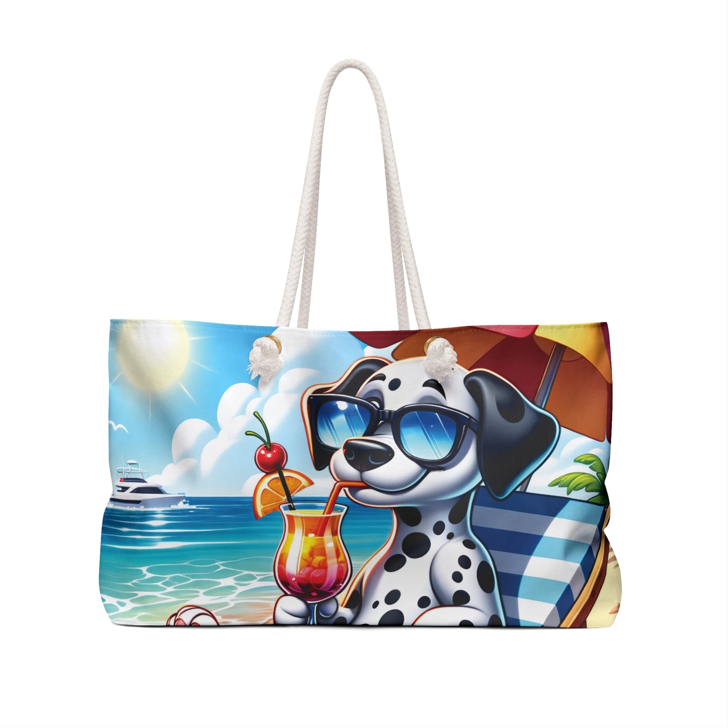 Personalised/Non-Personalised Weekender Bag, Summer Beach Dog, Dalmatian, Large Weekender Bag, Beach Bag, Book Bag