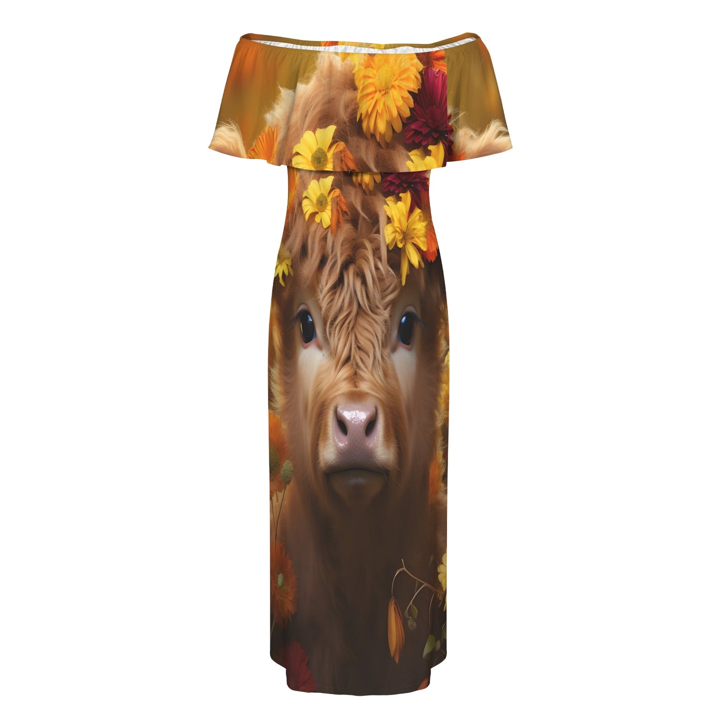 Highland Cow awd48 Women's Off Shoulder Ruffle Boat Neck Dress (Model D71)