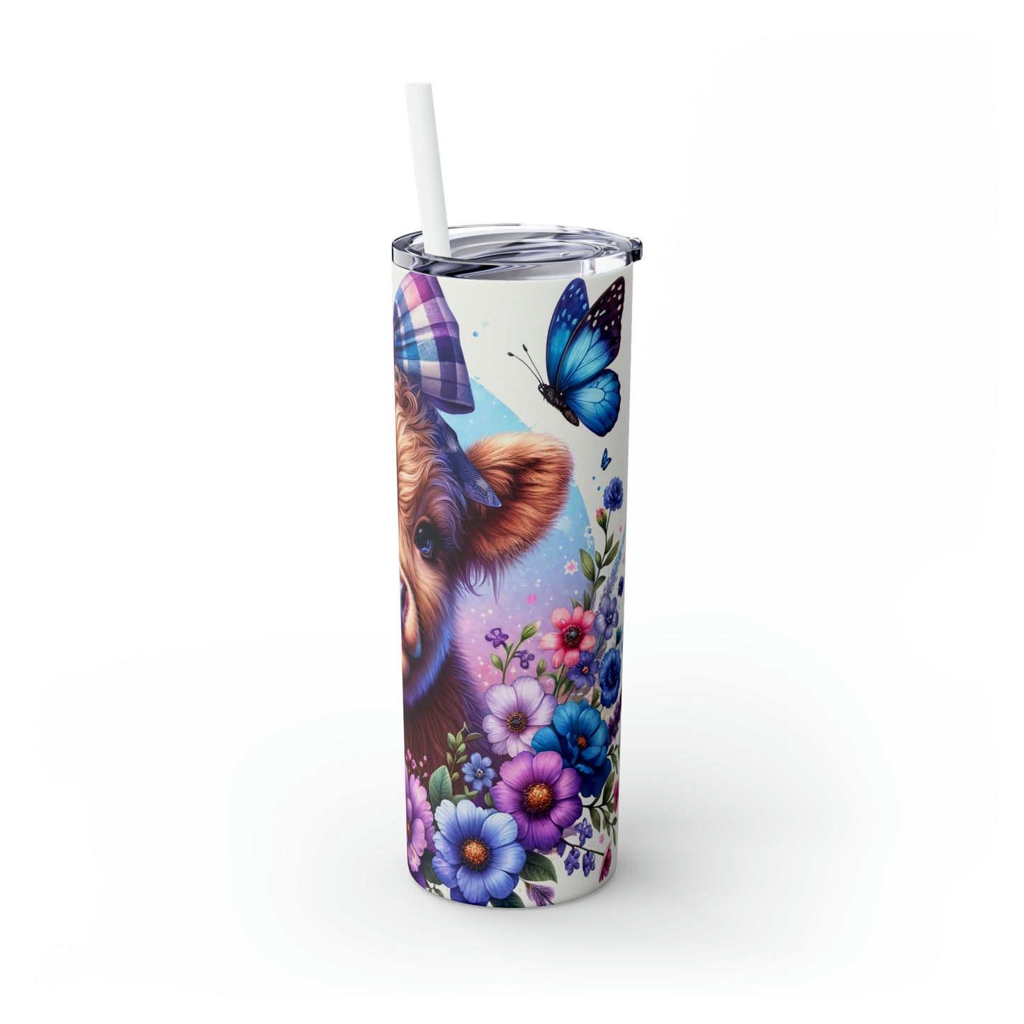 Skinny Tumbler with Straw, 20oz, Baby Highland Cow Pink & Purple