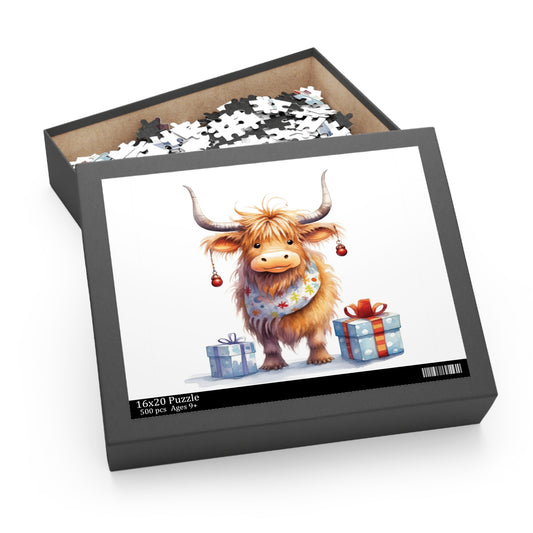 Personalised/Non-Personalised Puzzle, Christmas Highland Cow (120, 252, 500-Piece)