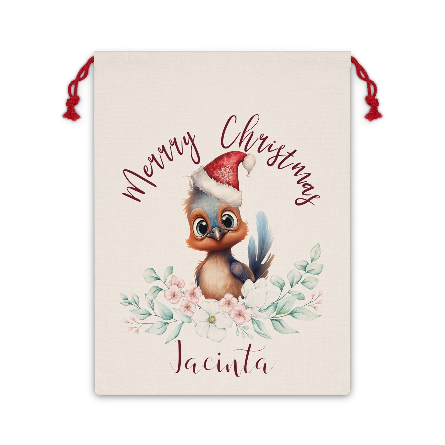 Personalised Santa Sack, Lyrebird, Eucalyptus Leaves Linen Bag