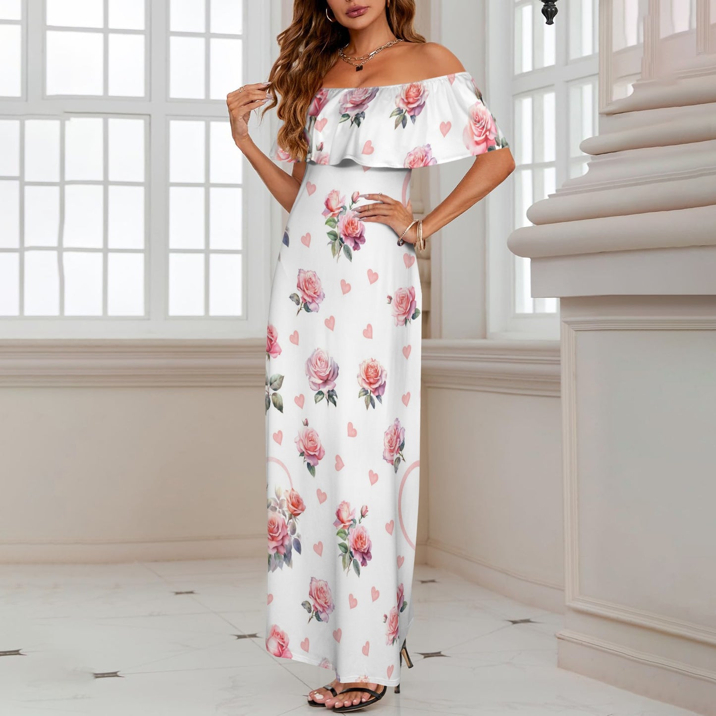 roses4 Women's Off Shoulder Ruffle Boat Neck Dress (Model D71)