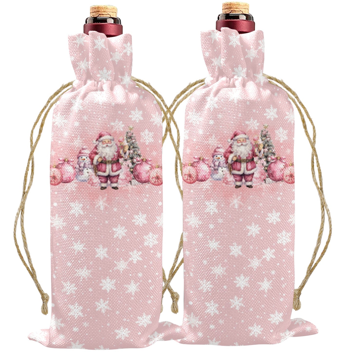 Merry Christmas Pink Christmas Linen Wine Bottle Bag