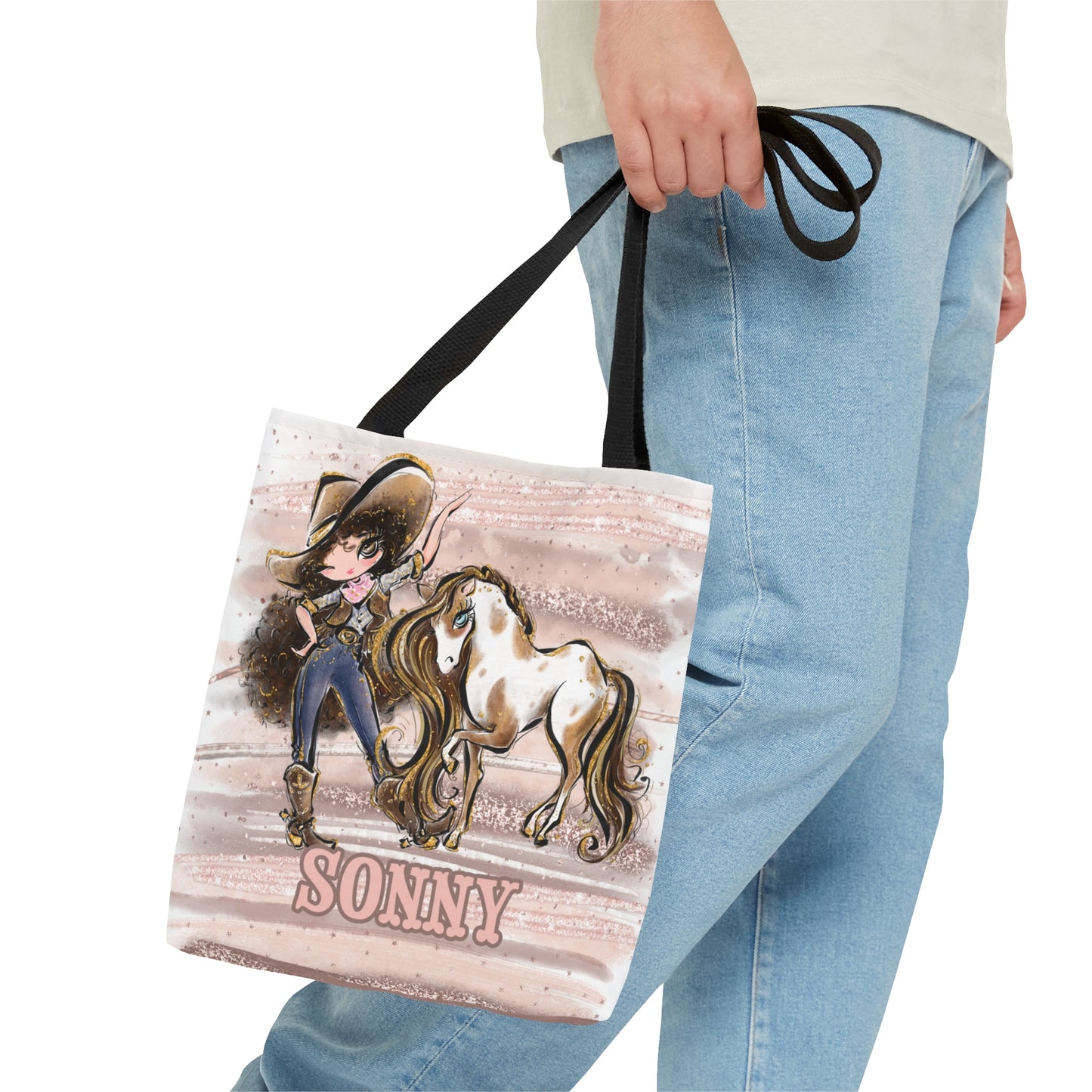 Personalised Tote Bag, Cowgirl & Horse, Brown Curly Hair, Blue Eyes, Tote bag