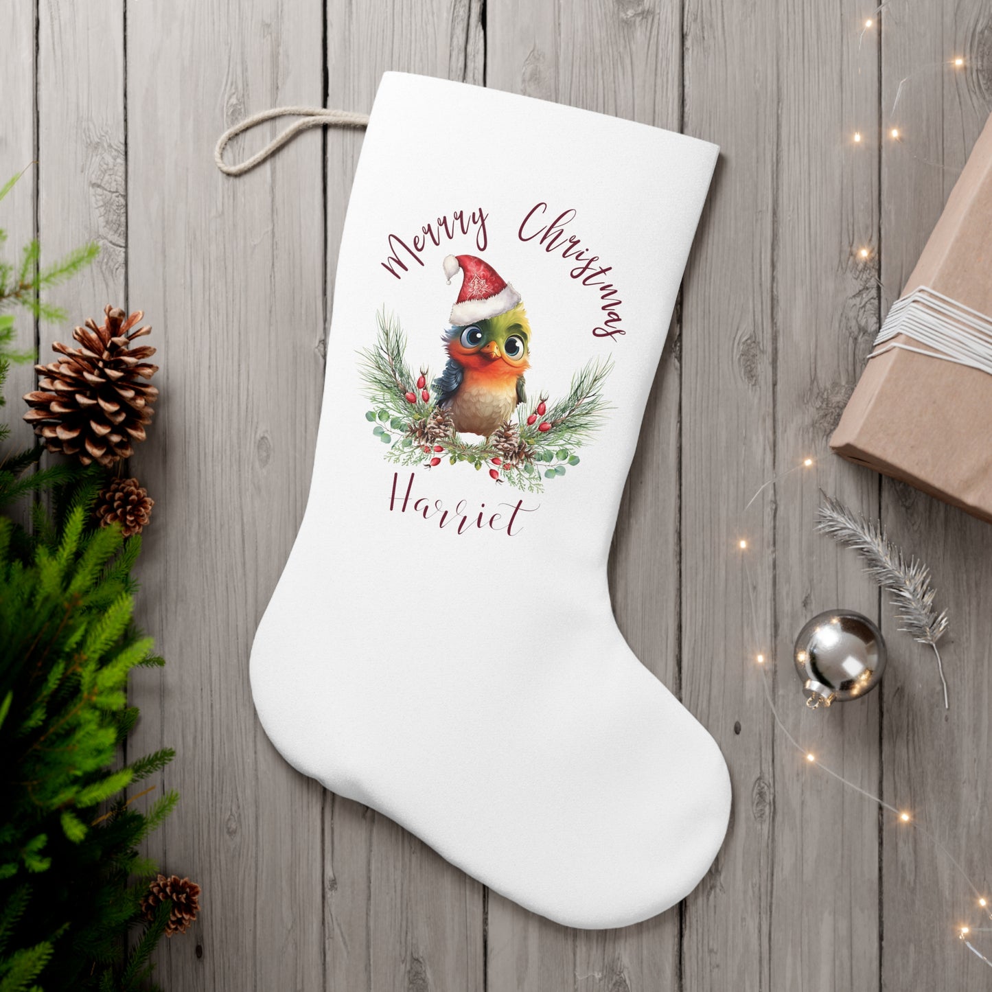 Personalised Santa Stocking, Australian Animals Poinsettia, Mistletoe