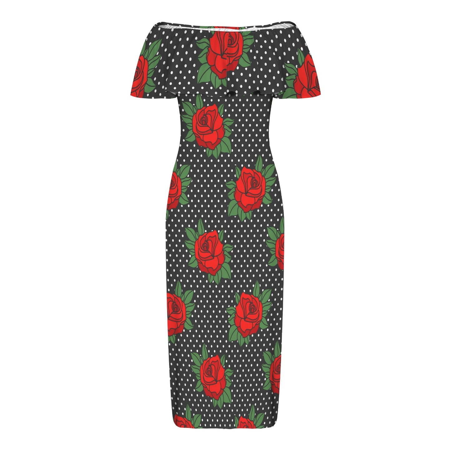 Rockabilly Roses- Red Black White Women's Off Shoulder Ruffle Boat Neck Dress (Model D71)
