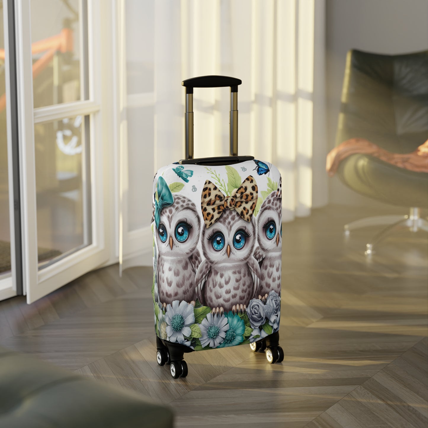 Luggage Cover, Blue Floral Owls, awd-1469