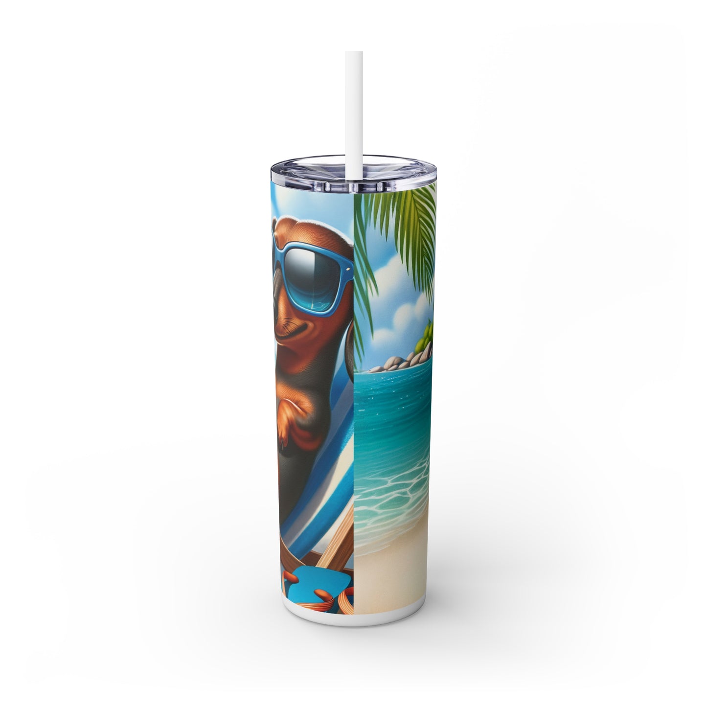 Skinny Tumbler with Straw, 20oz, Dog on Beach, Dachshund, awd-1208