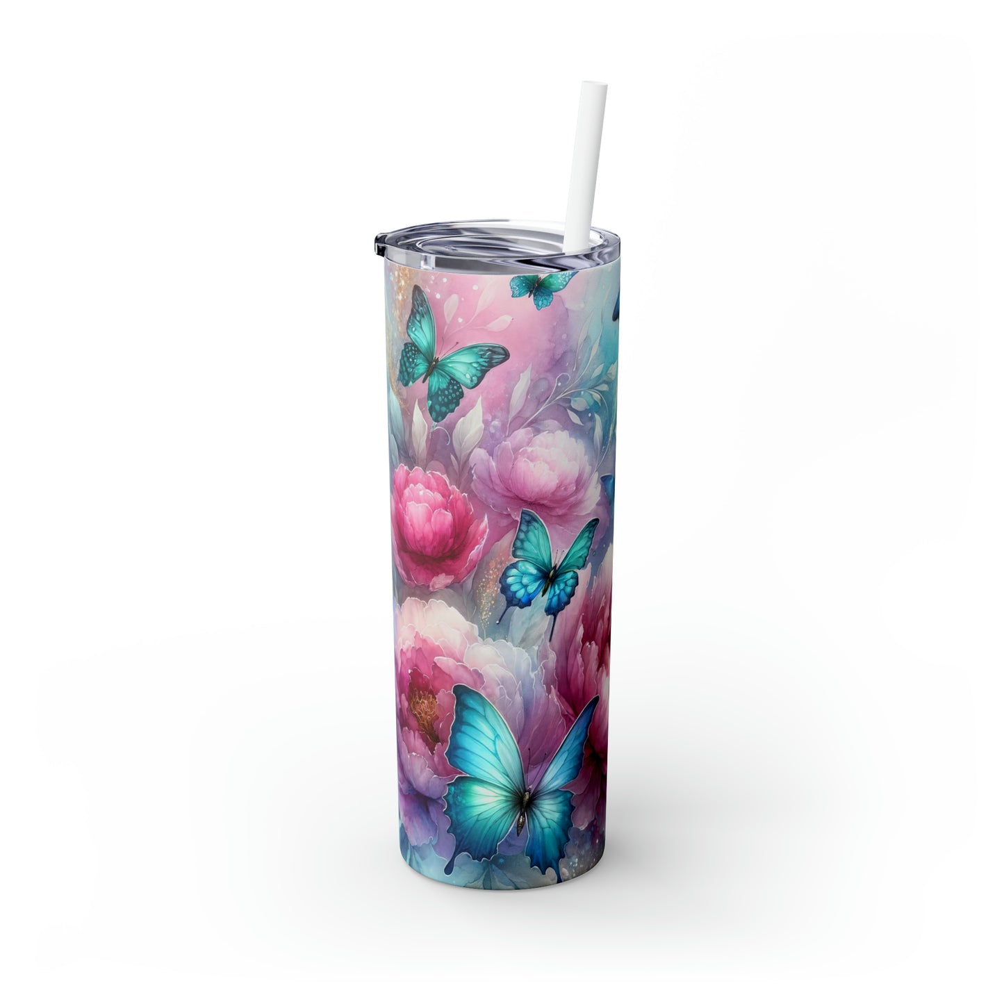 Skinny Tumbler with Straw, 20oz, Floral Butterflies, awd-332