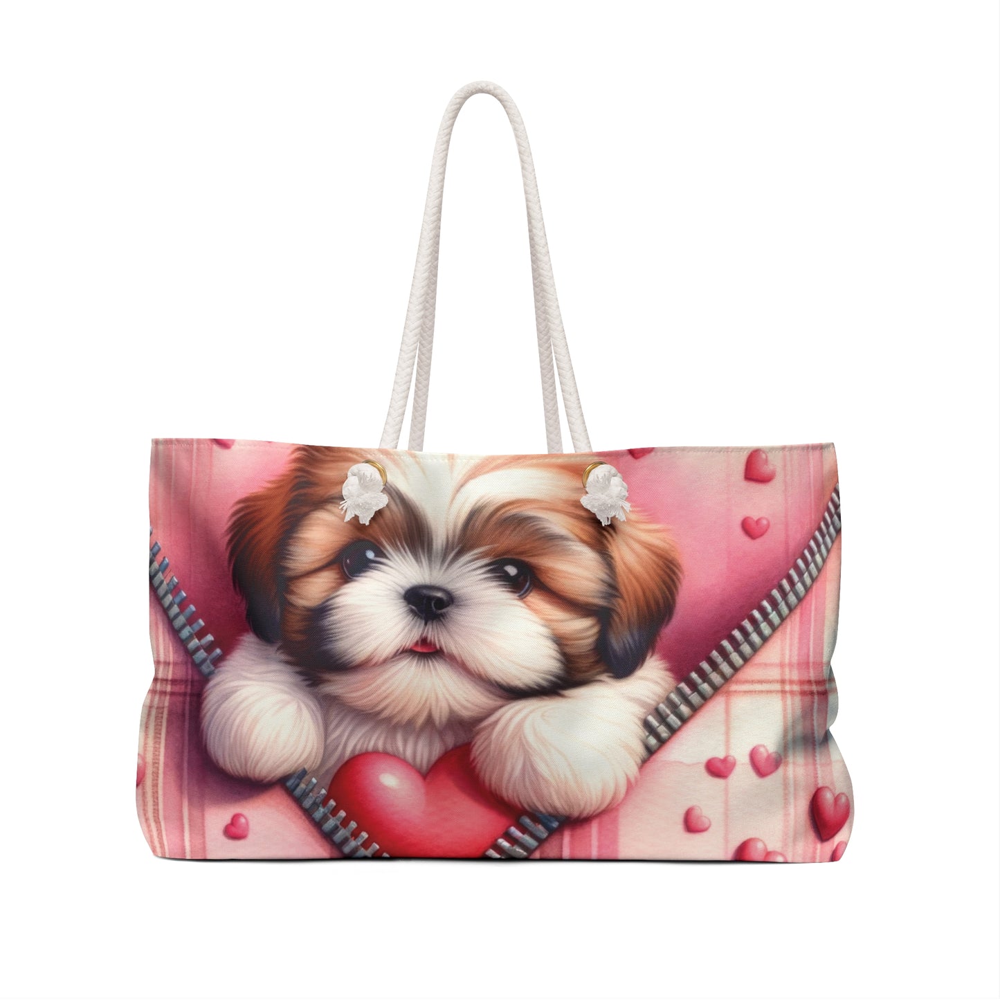 Personalised/Non-Personalised Weekender Bag, Cute Dog, Zipper, Valentines Day, Large Weekender Bag, Beach Bag, Book Bag