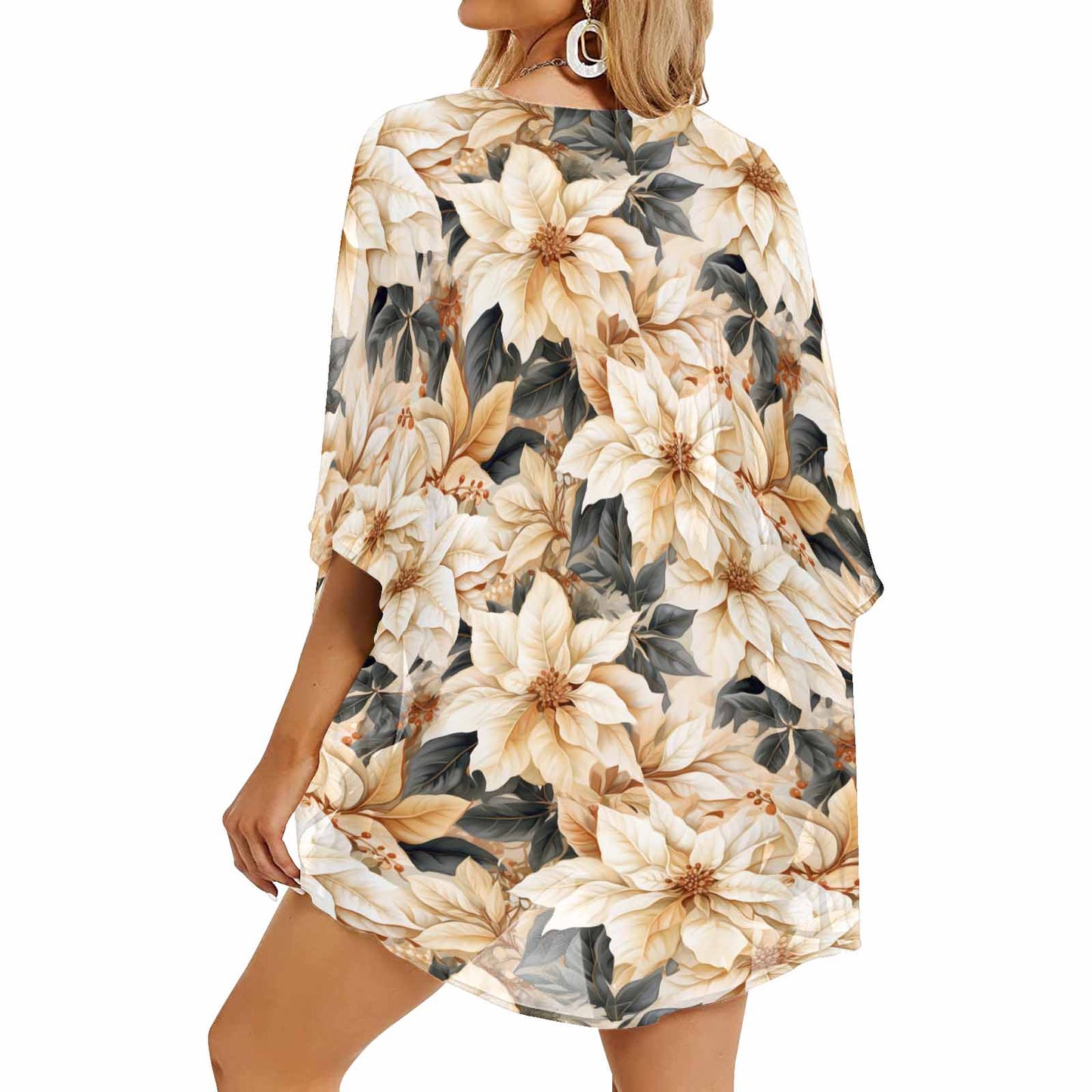 Cream Poinsettia2  Women's Kimono Chiffon Cover Up