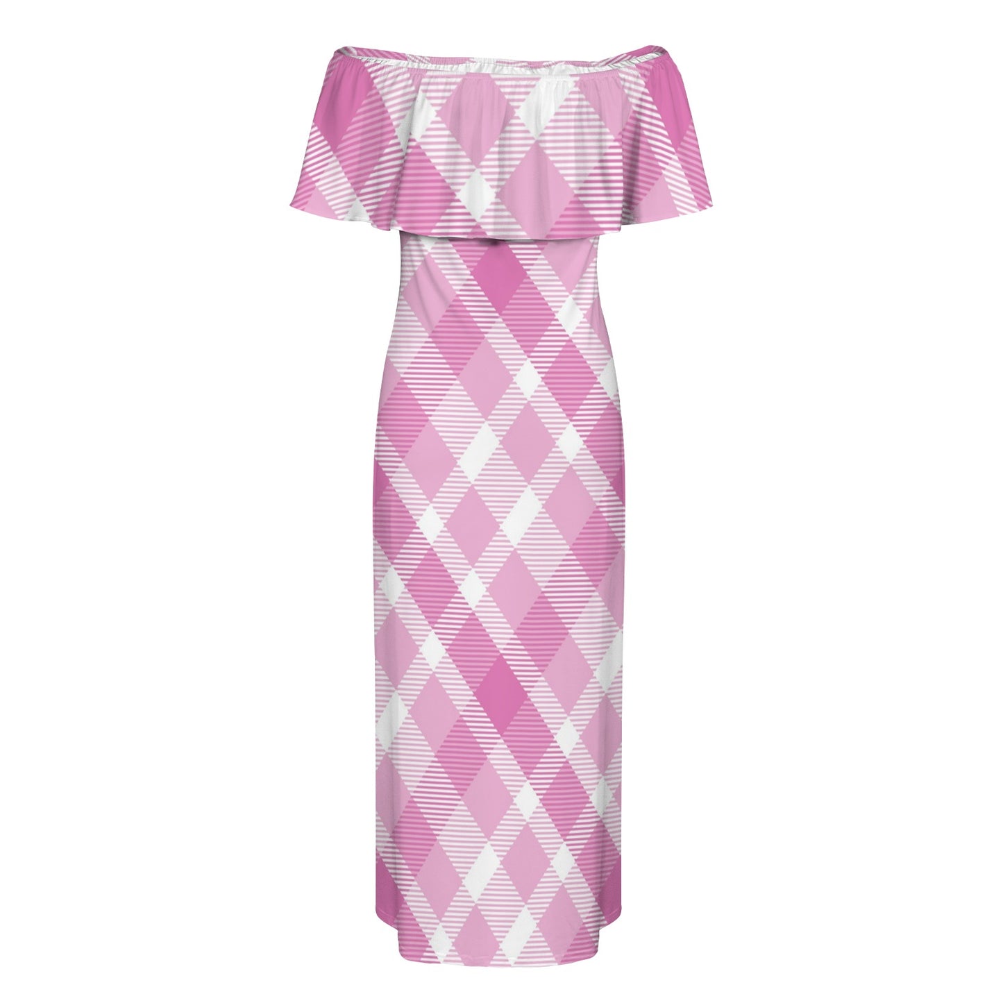 Seamless Pink Christmas-1 Women's Off Shoulder Ruffle Boat Neck Dress (Model D71)