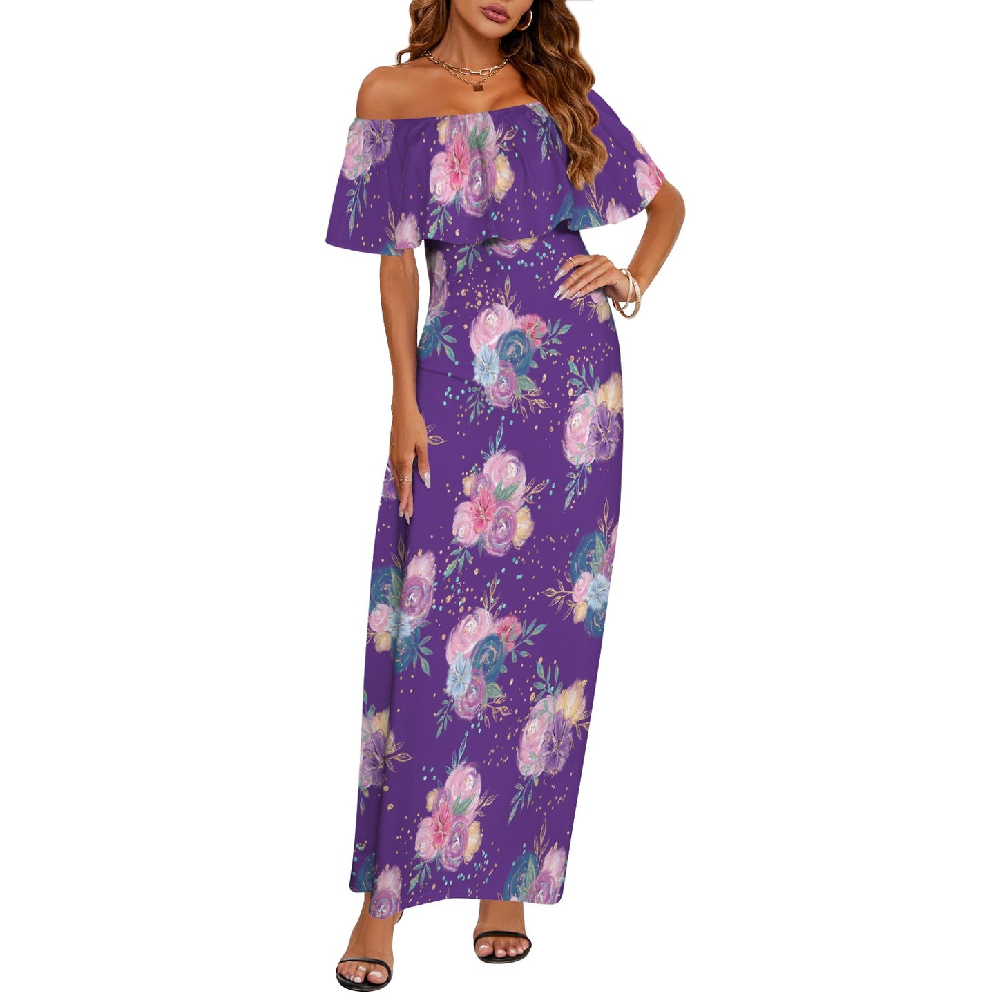 Purple Floral Women's Off Shoulder Ruffle Boat Neck Dress (Model D71)