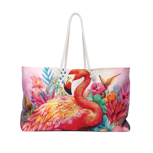 Personalised/Non-Personalised Weekender Bag, Flamingo, Large Weekender Bag, Beach Bag, Book Bag