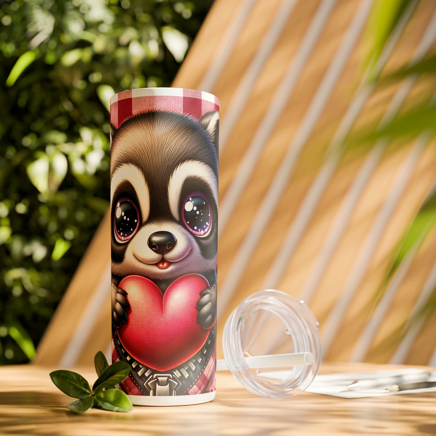 Skinny Tumbler with Straw, 20oz, Racoon, Valentines Day