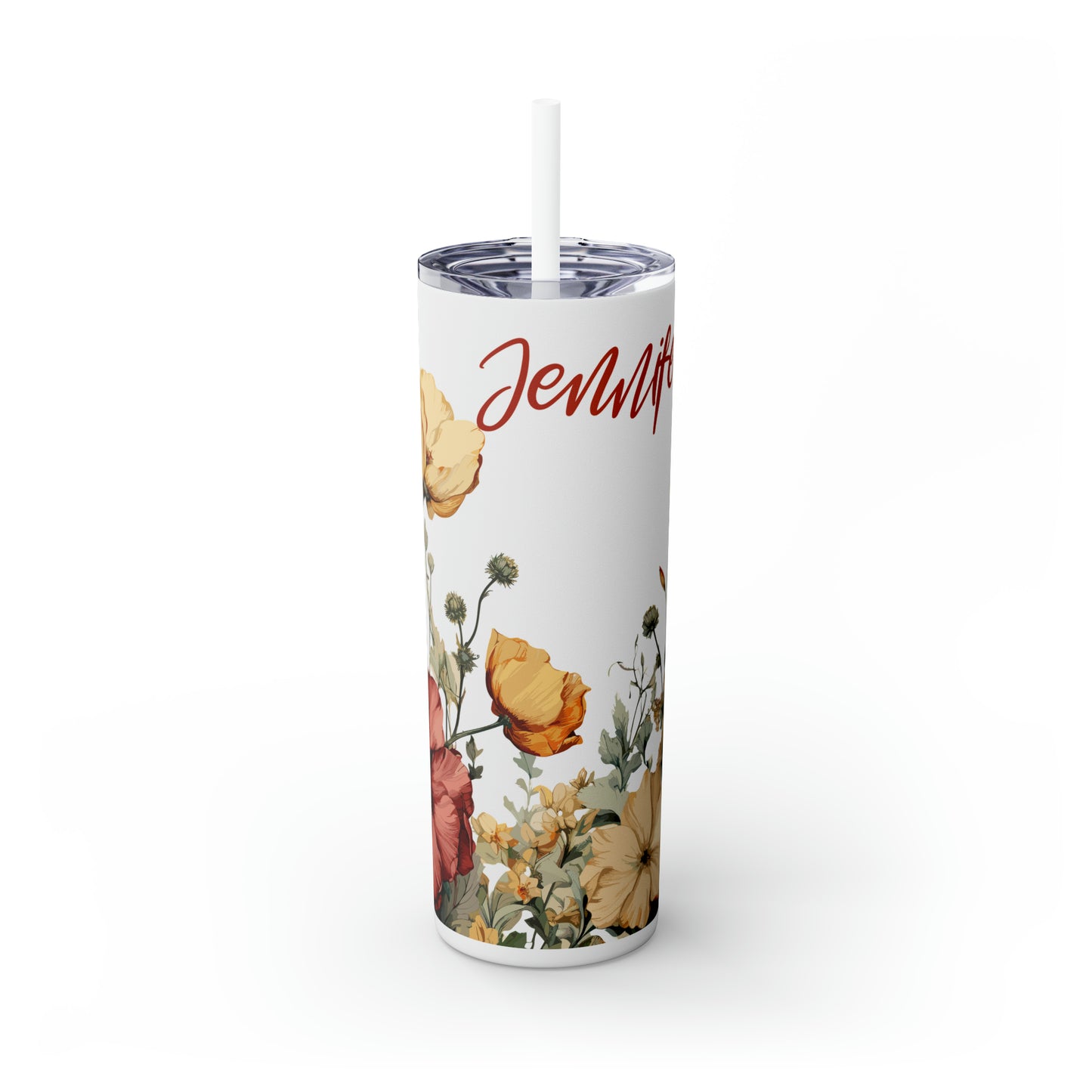 Skinny Tumbler with Straw, 20oz, Personalised, Floral