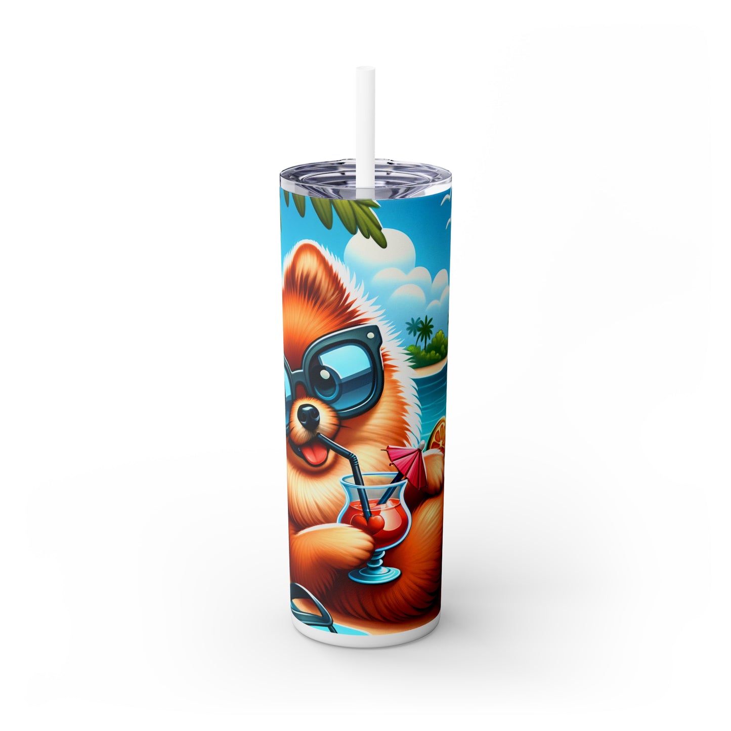 Skinny Tumbler with Straw, 20oz, Dog on Beach, Pomeranian, awd-1231