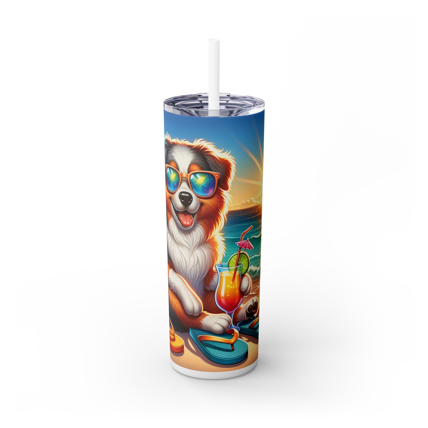 Skinny Tumbler with Straw, 20oz, Dog on Beach, Australian Shepherd, awd-1113