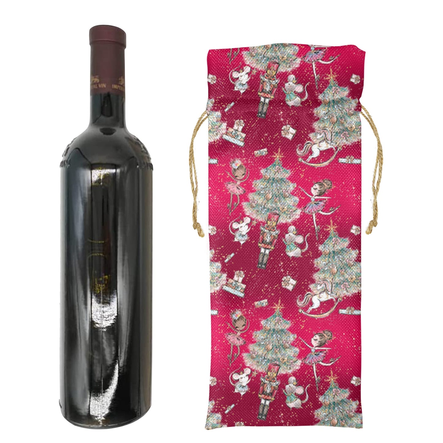 Red Sugar Plum Xmas Linen Wine Bottle Bag