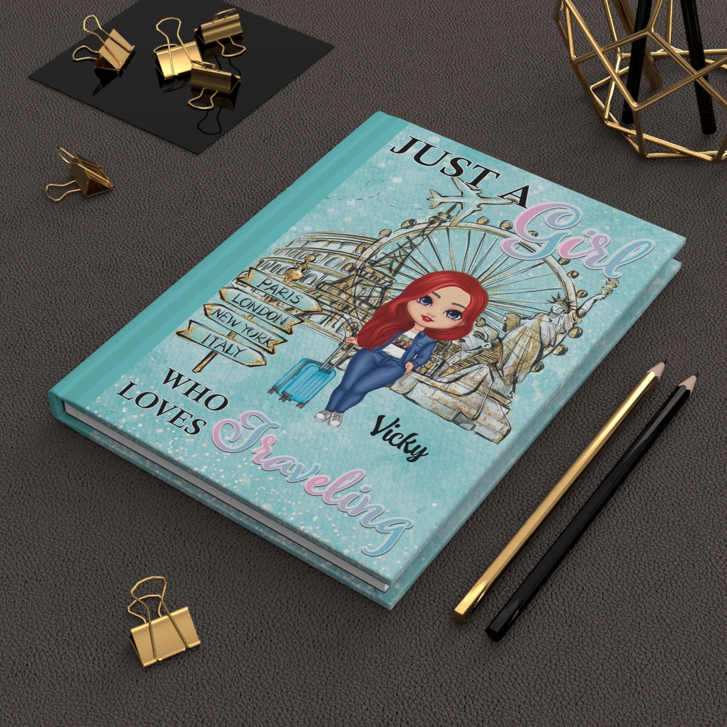 Personalised Hardcover Journal Matte, Just a Girl who loves travelling, Red Hair