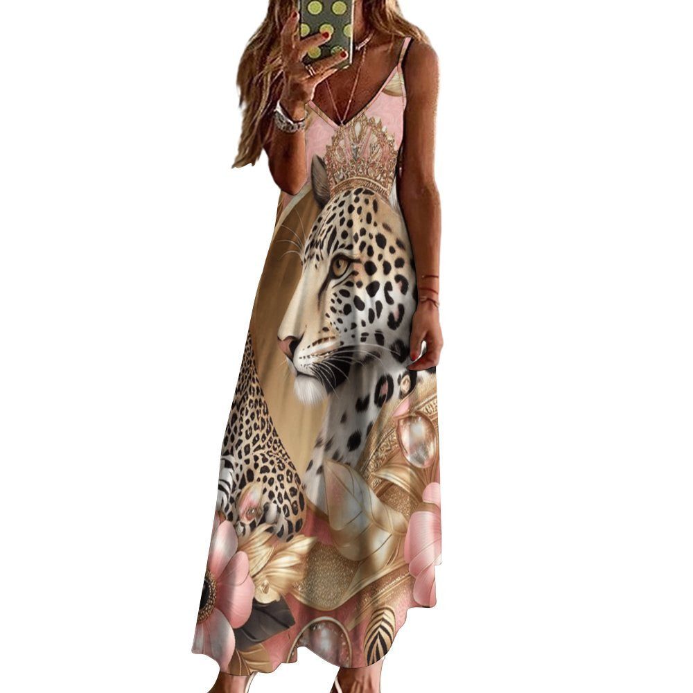 Leopard Print Pink Floral Spaghetti Strap Ankle-Length Dress Long dress