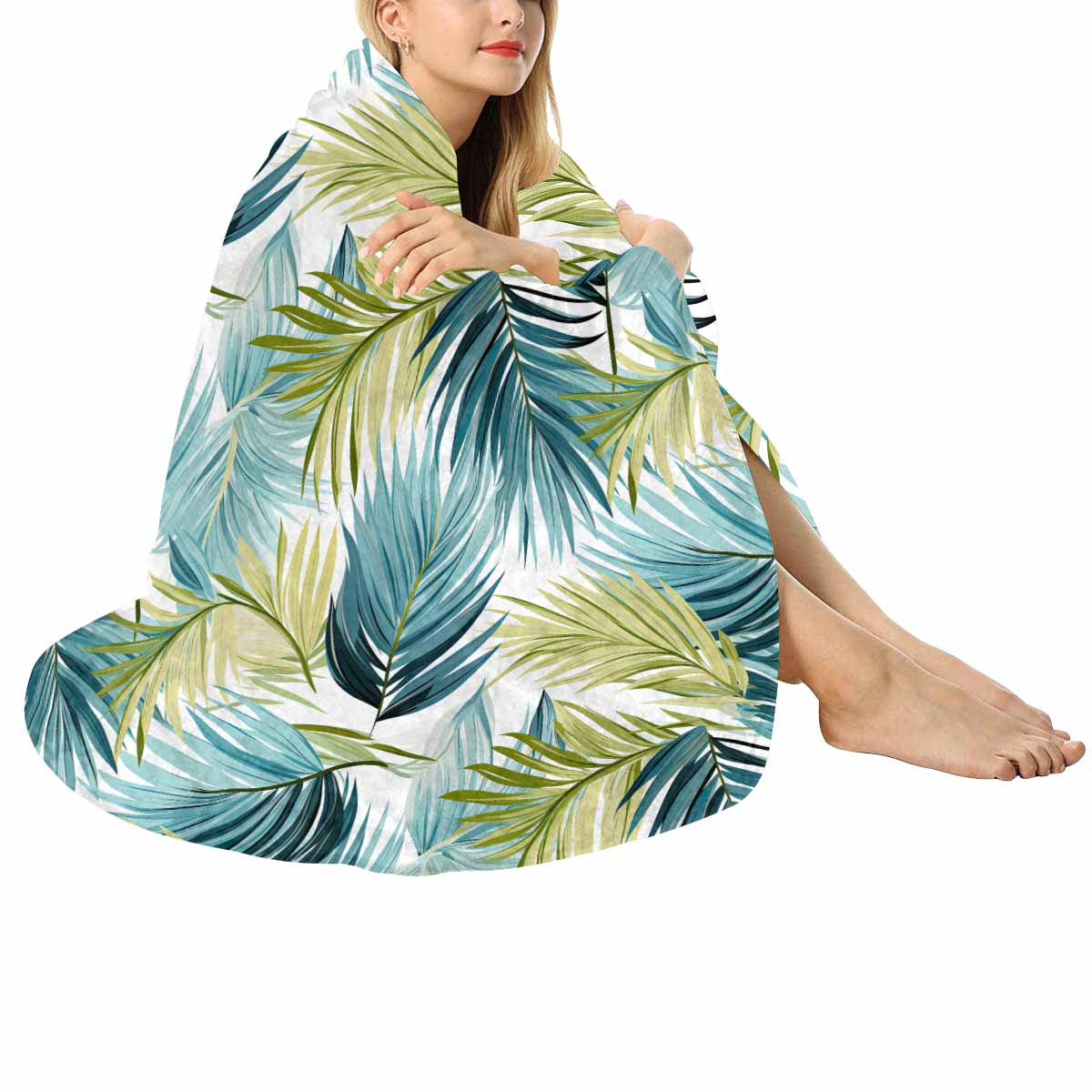 Palm Leaves Blue Green  Circular Micro Fleece Blanket 60"