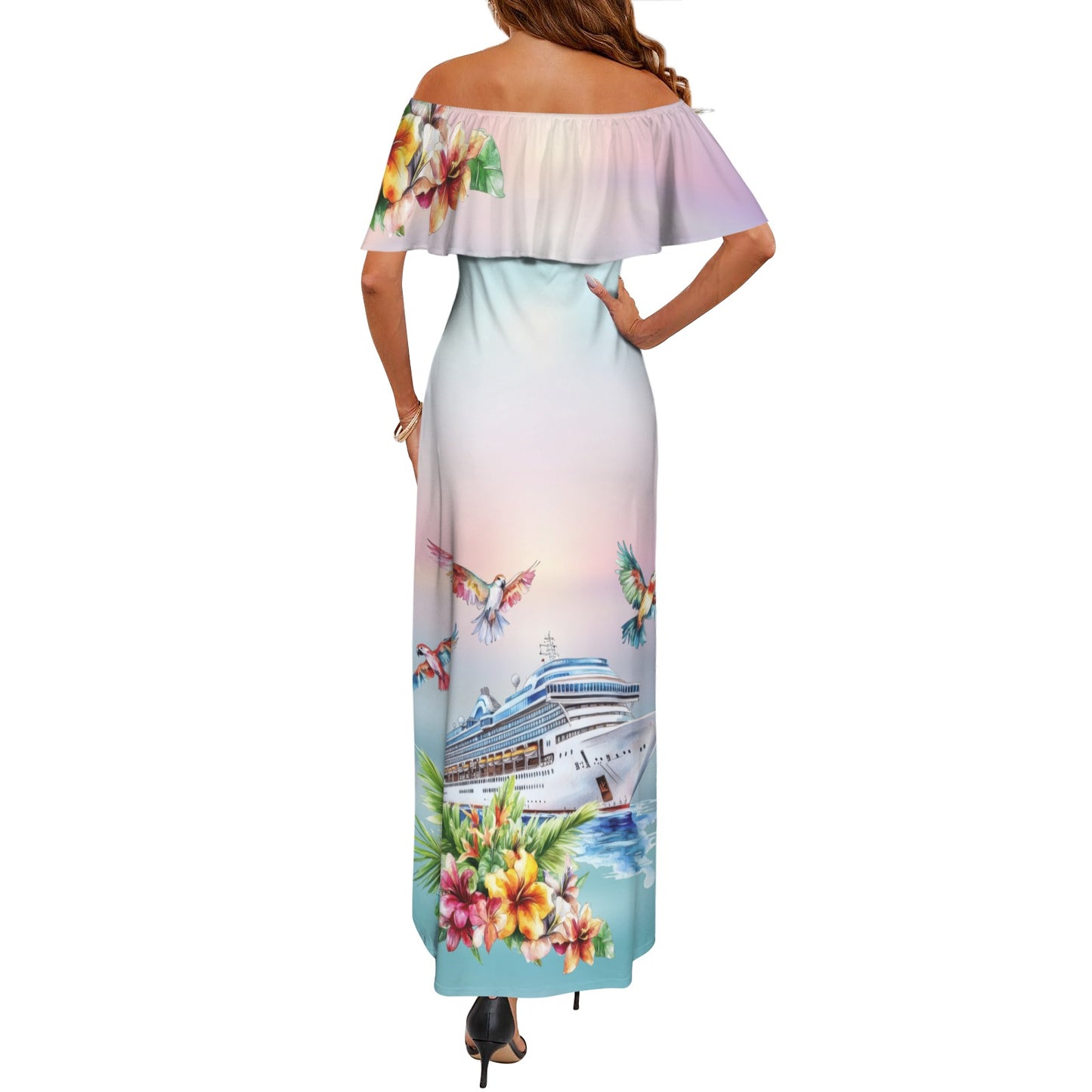 Cruisin Women's Off Shoulder Ruffle Boat Neck Dress (Model D71)