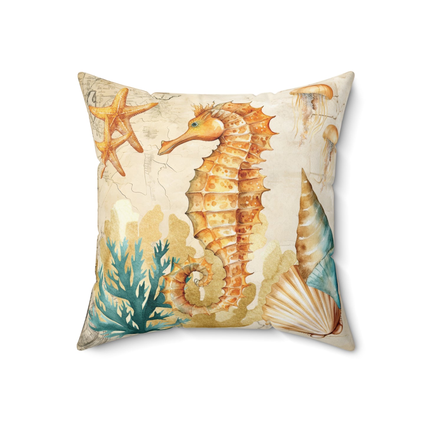 Nautical Polyester Square Cushion, Nautical cushion, Natural Seahorse