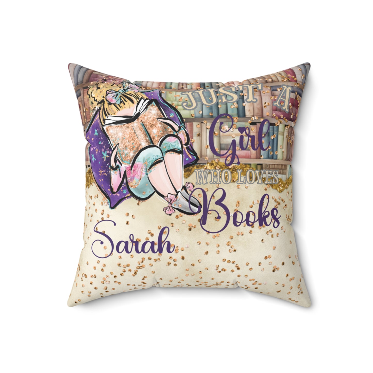 Polyester Square Pillow, Just a Girl who Loves Books, Blonde Hair