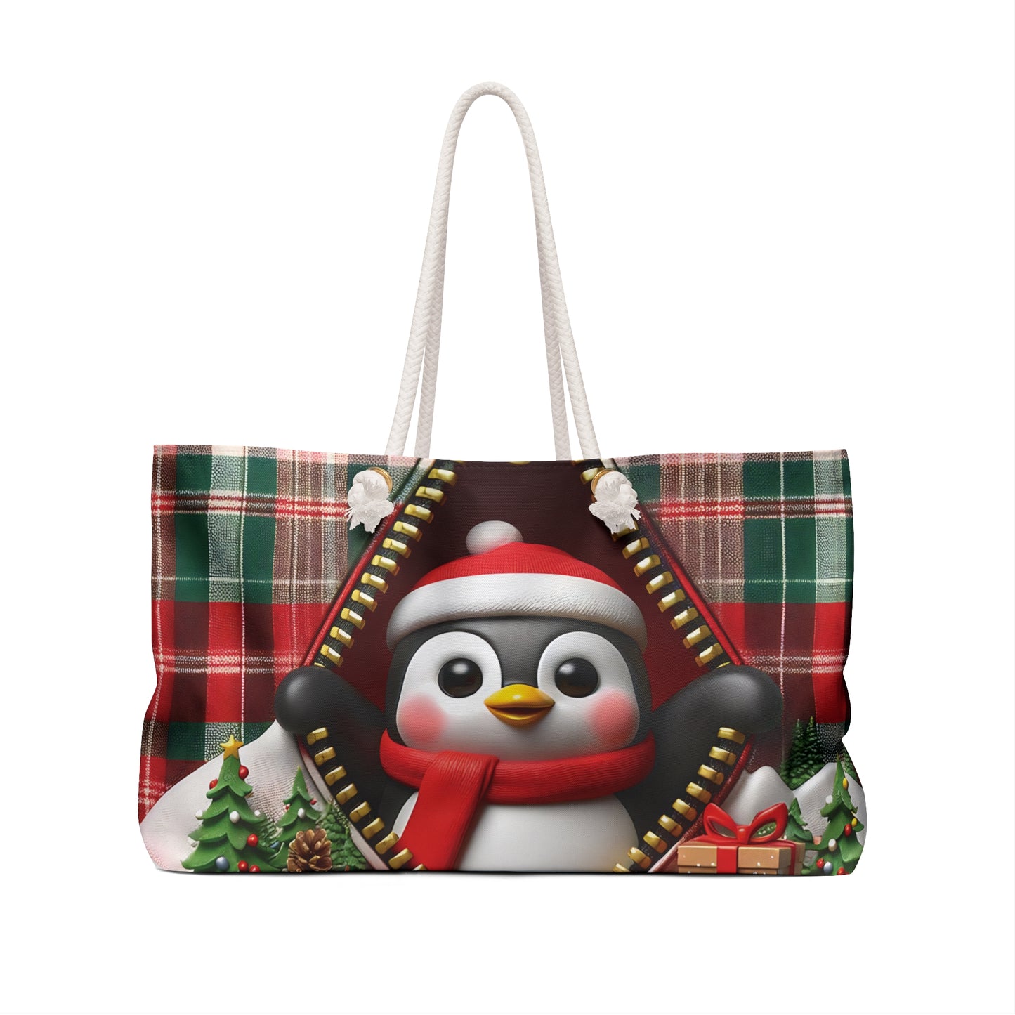 Personalised/Non-Personalised Weekender Bag, Cute Penguin, Christmas, Tartan, Large Weekender Bag, Beach Bag, Book Bag