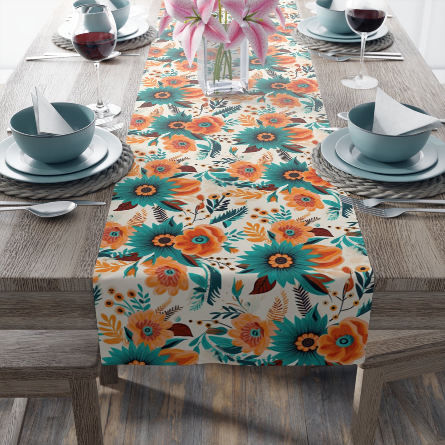 Boho Floral Table Runner, Cotton Twill and Poly Available