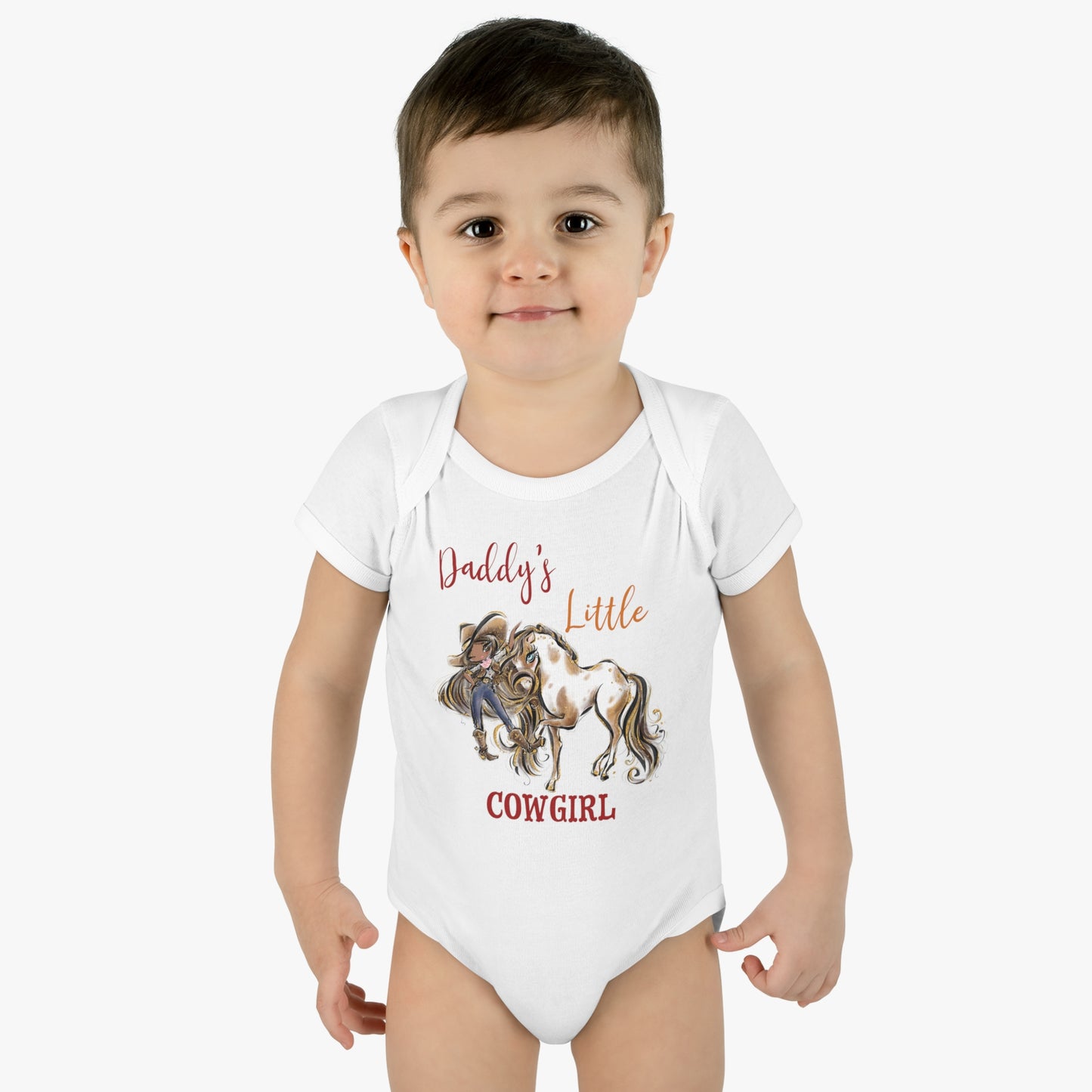 Infant Baby Rib Bodysuit, Daddy's Little Cowgirl baby Bodysuit, Cowboy Boots, Girl and Horse