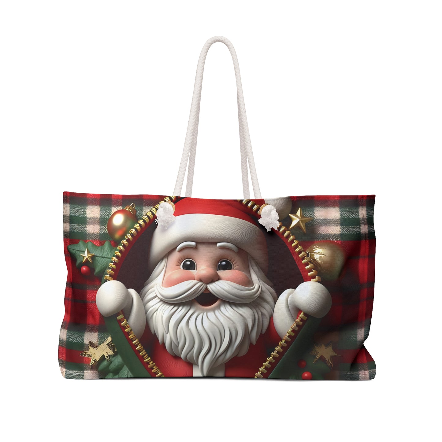 Personalised/Non-Personalised Weekender Bag, Cute Santa, Christmas, Tartan, Large Weekender Bag, Beach Bag, Book Bag