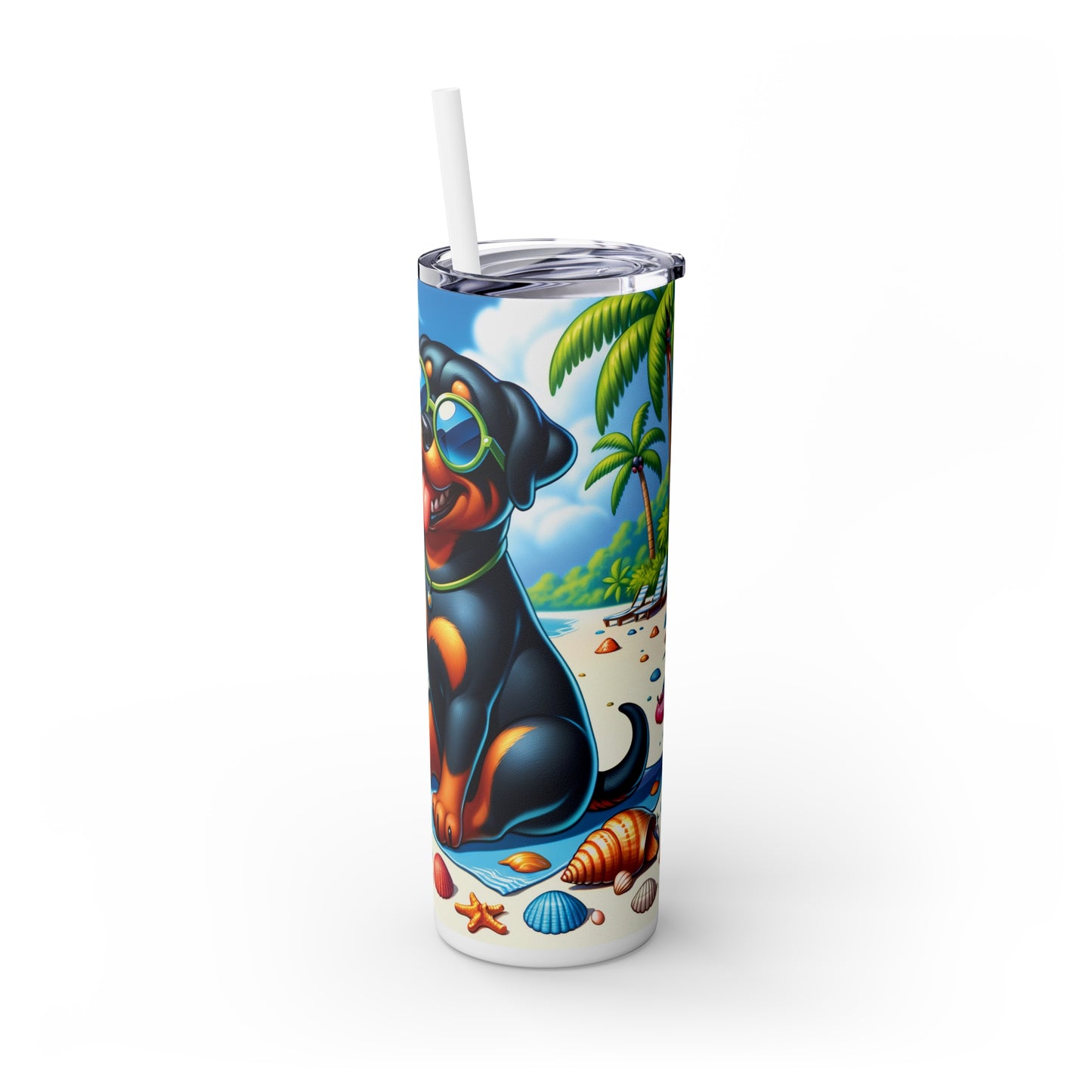 Skinny Tumbler with Straw, 20oz, Dog on Beach,  Rottweiler, awd-1234