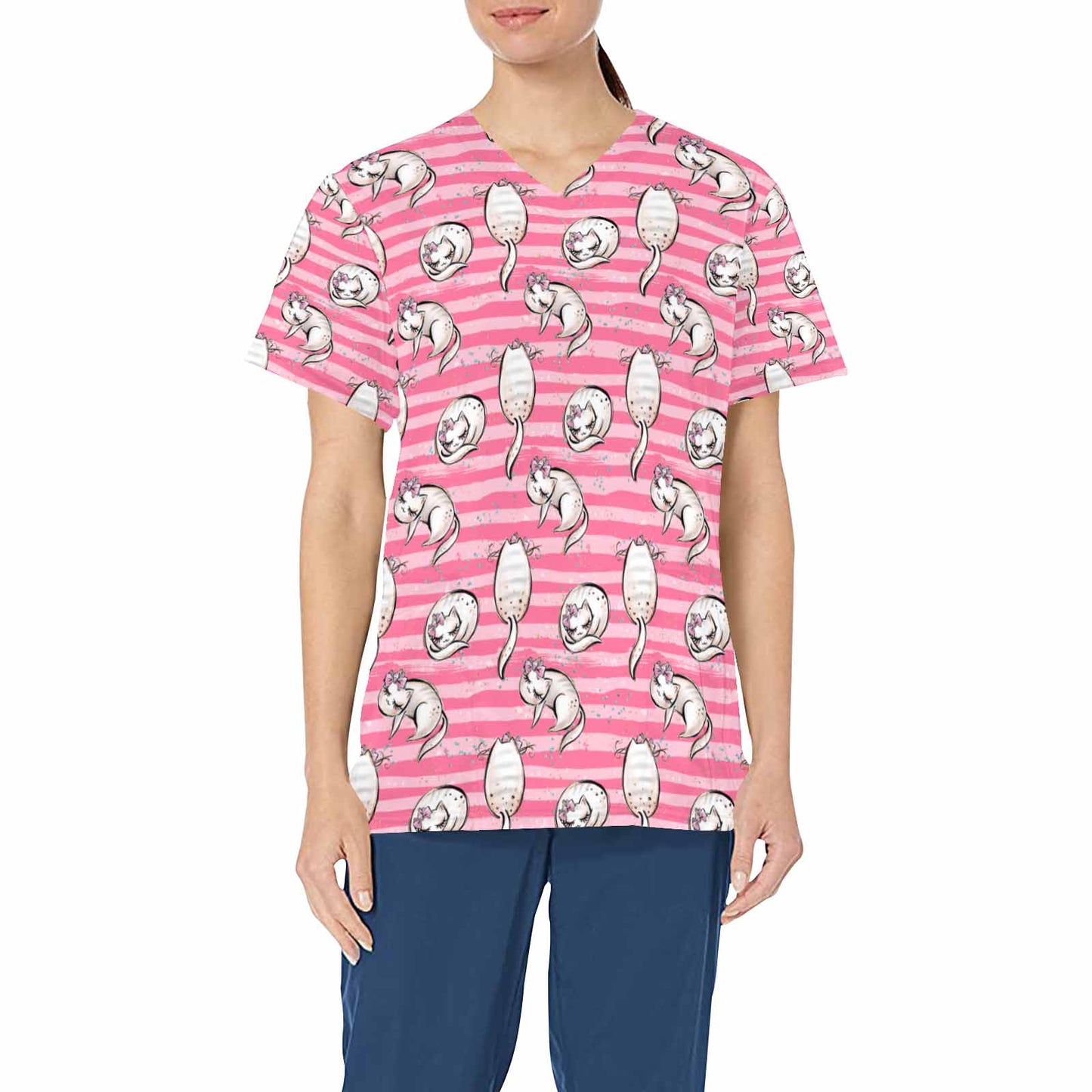 Pink Cats  Women's V Neck Scrub Top Nurse Uniform with Deep Front Pockets